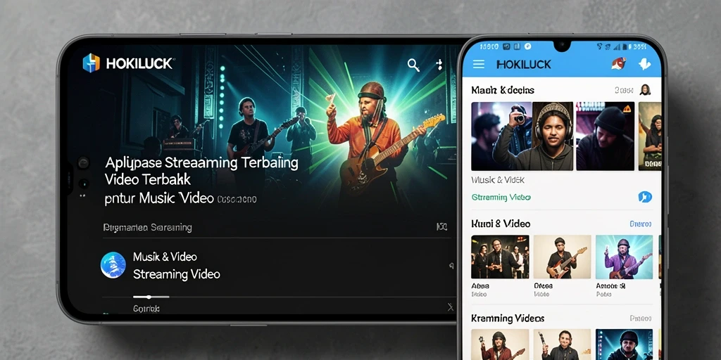 Antarmuka HOKILUCK menampilkan berbagai pilihan konten video dan musik.