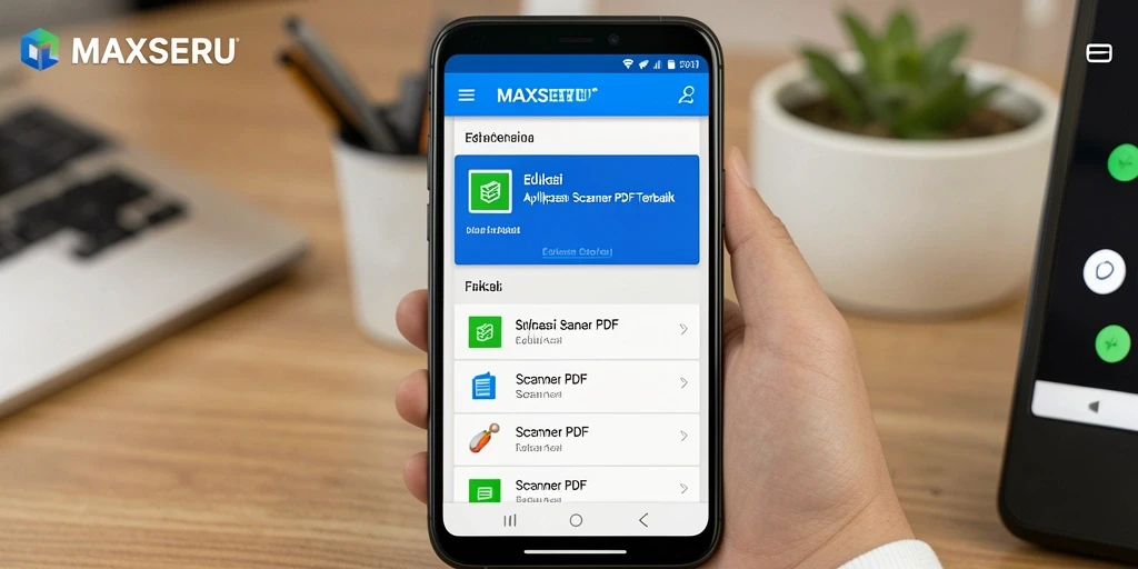 Tampilan antarmuka pengguna aplikasi MAXSERU untuk Scanner PDF.